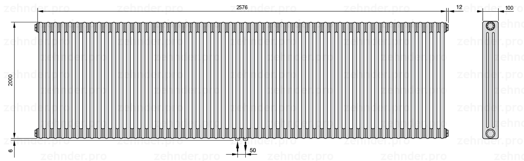 Схема (чертеж) Радиатор Zehnder Charleston 3200/56 №3470 Белый глянцевый RAL 9016